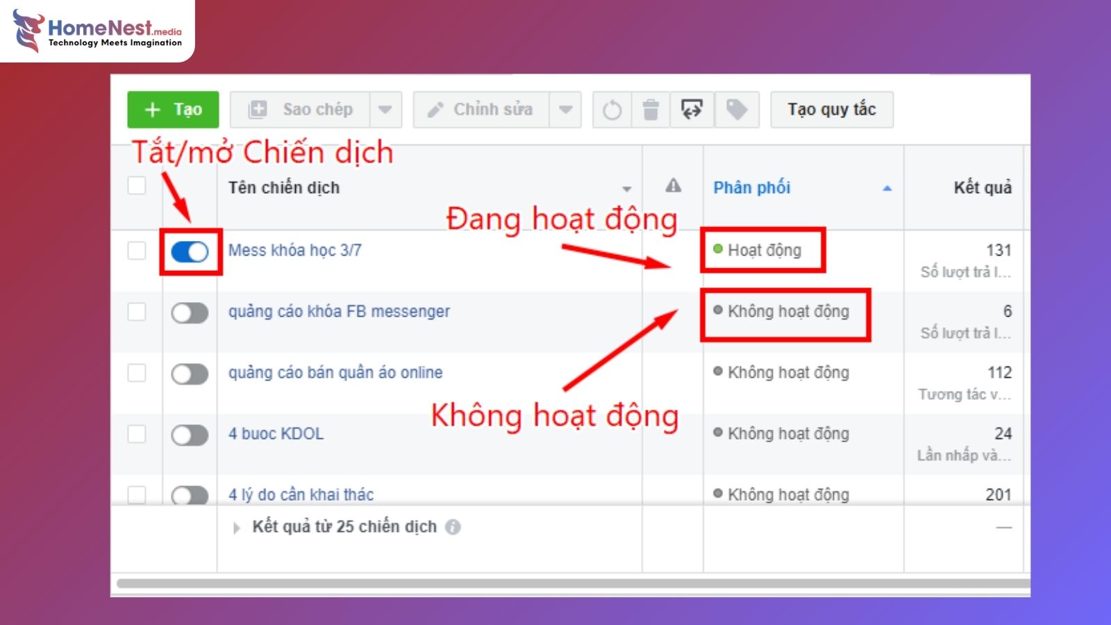 Bật tắt hoặc xóa chiến dịch quảng cáo Facebook