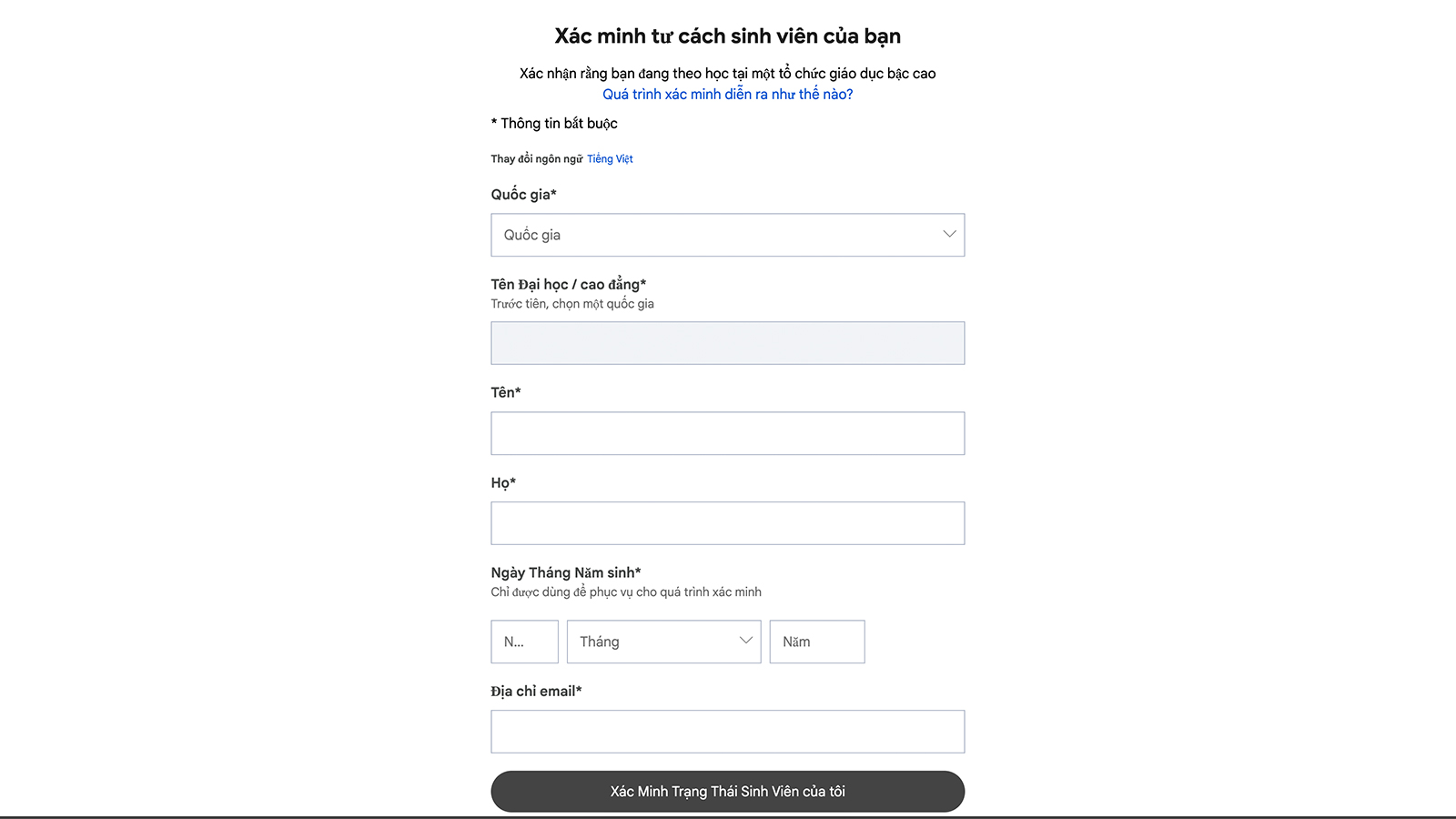 xác minh tư cách sinh viên