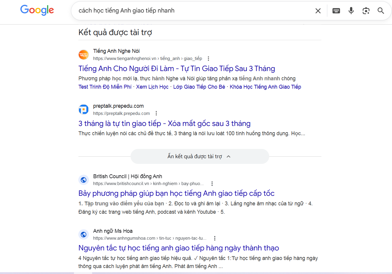 Kết quả tìm kiếm truy vấn "cách học tiếng Anh giao tiếp nhanh"