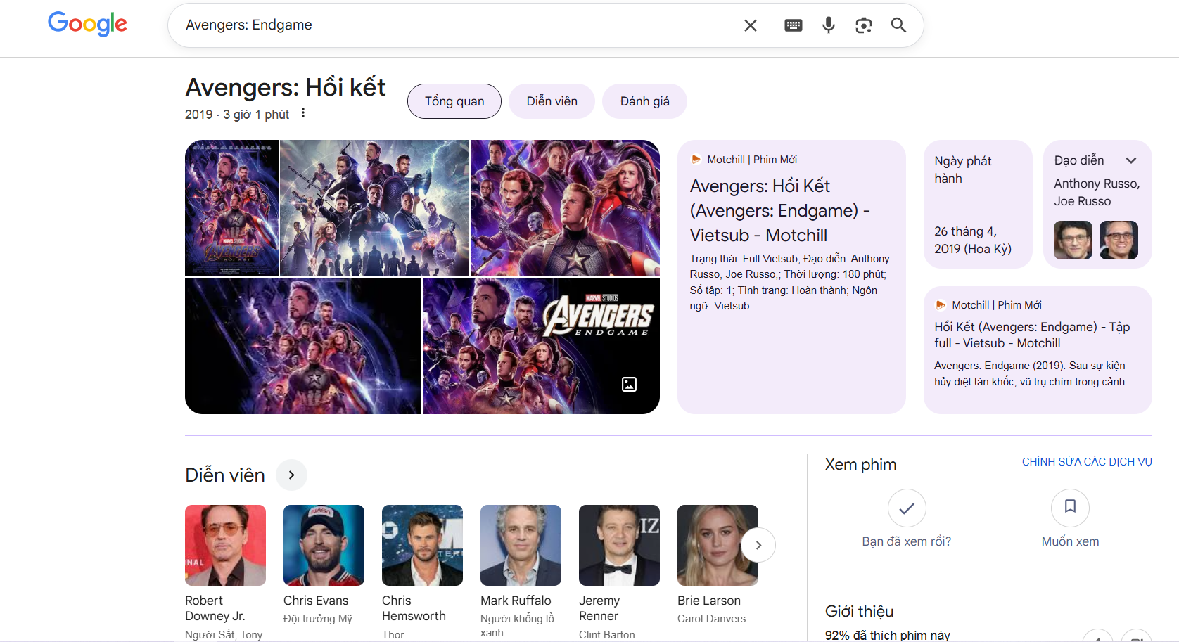 Kết quả tìm kiếm truy vấn "Avengers: Endgame"