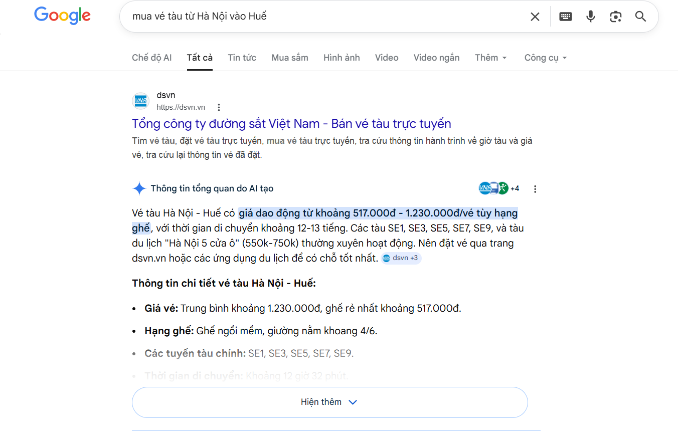 Kết quả tìm kiếm"mua vé tàu từ Hà Nội vào Huế"